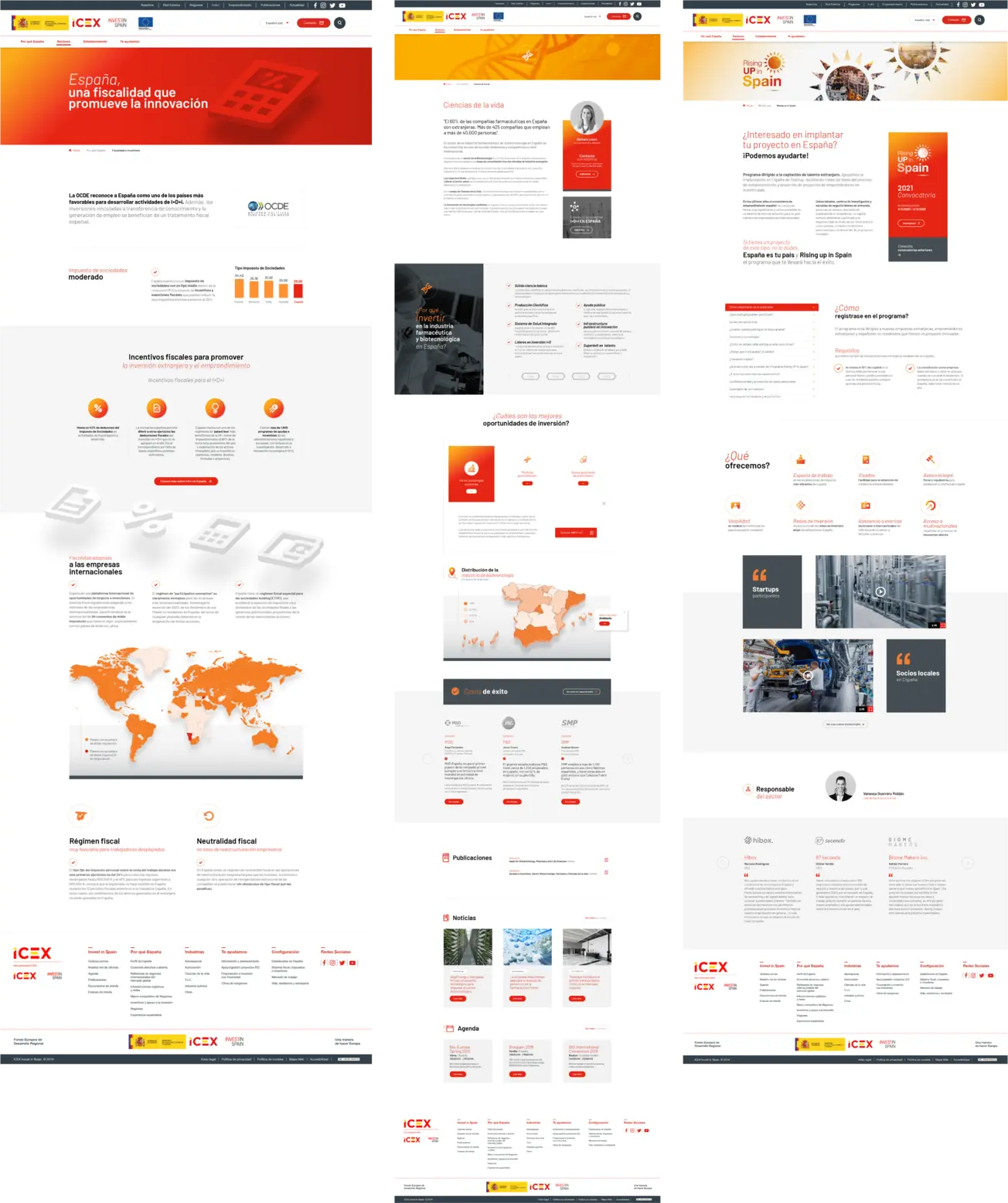 Three different pages of the Invest in Spain platform.