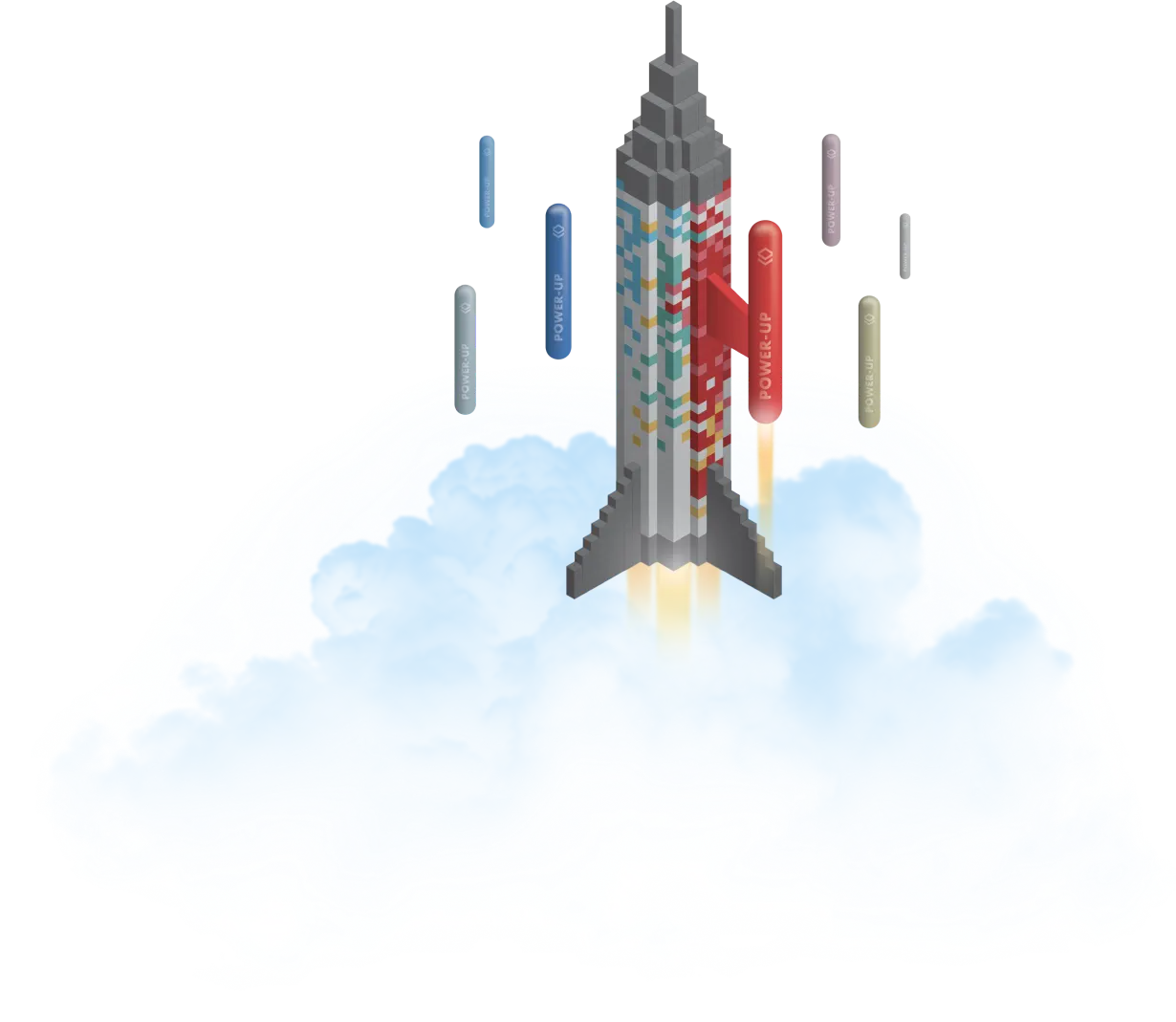 PowerUp rocket made of Legos accompanied by colorful pills.