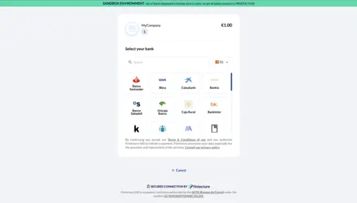 Screen of Fintecture banks connection section