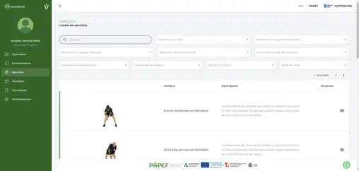IMUDS - Screenshot of the exercises list section