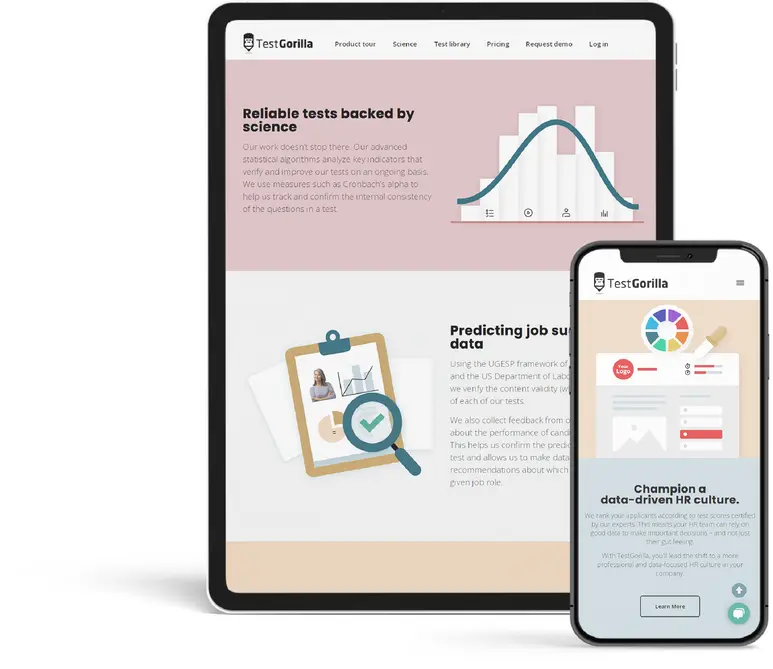 TestGorilla home page displayed on a tablet and a mobile device.