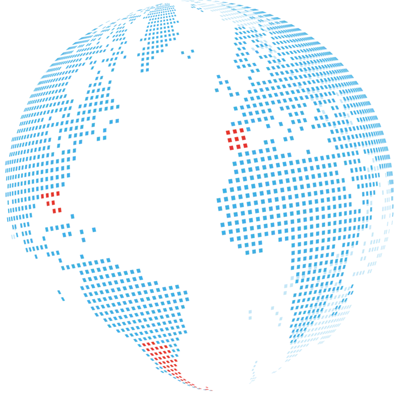 World map globe made of light blue dots.