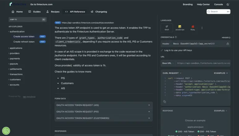 Screen of Fintecture API docs section