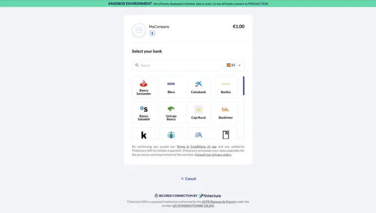 Screen of Fintecture banks connection section