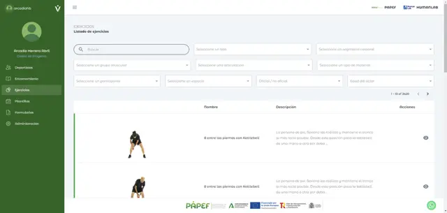IMUDS - Screenshot of the exercises list section