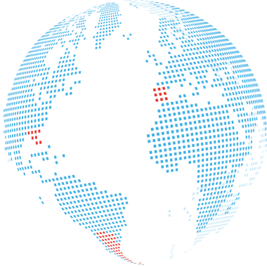 World map globe made of light blue dots.